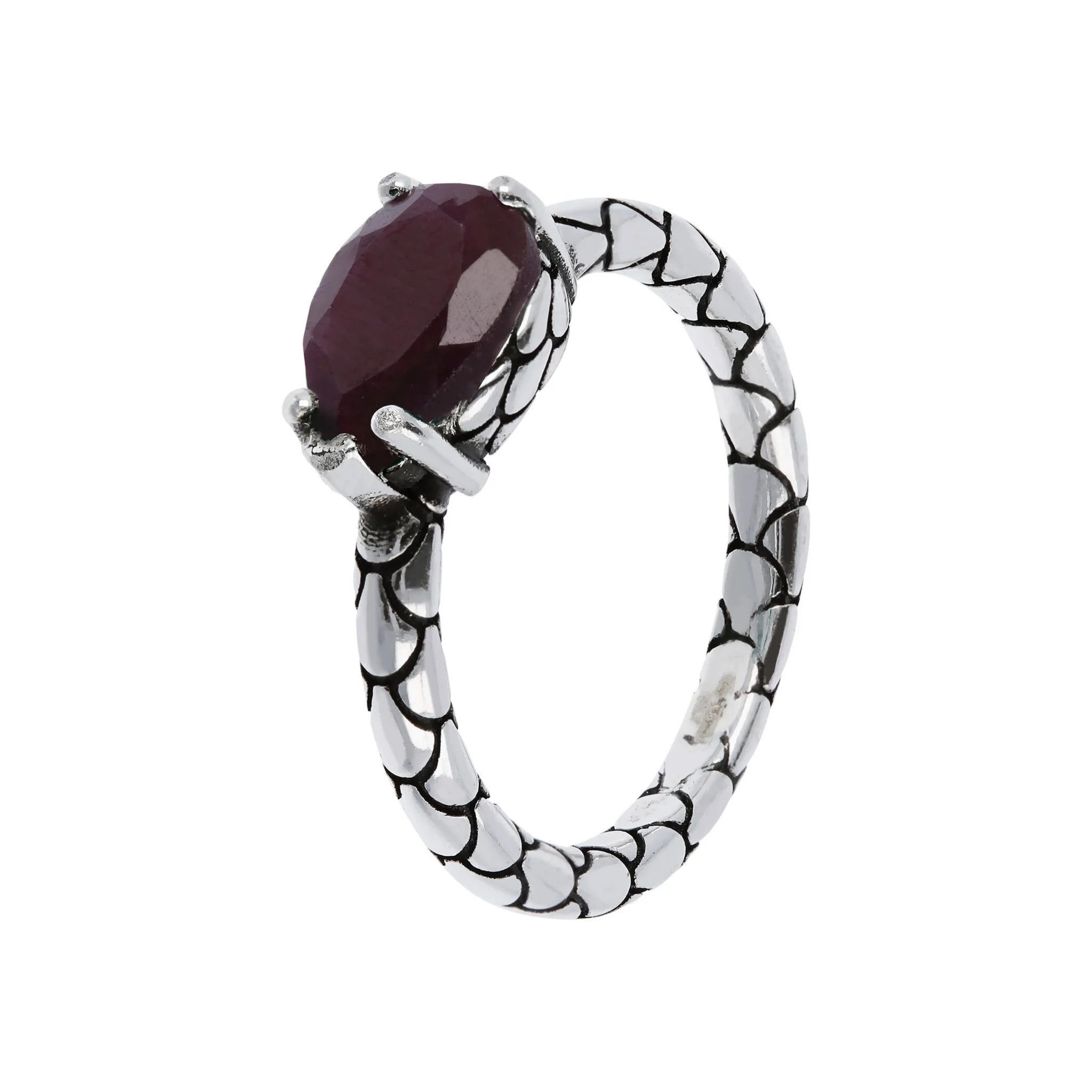Anello Fedina in Argento 925 placcato Rodio Texture Sirena con Pietra Naturale a Forma di Goccia