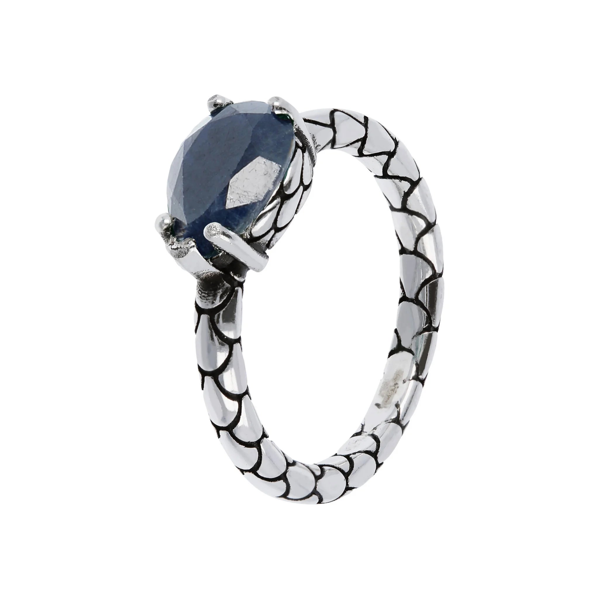 Anello Fedina in Argento 925 placcato Rodio Texture Sirena con Pietra Naturale a Forma di Goccia
