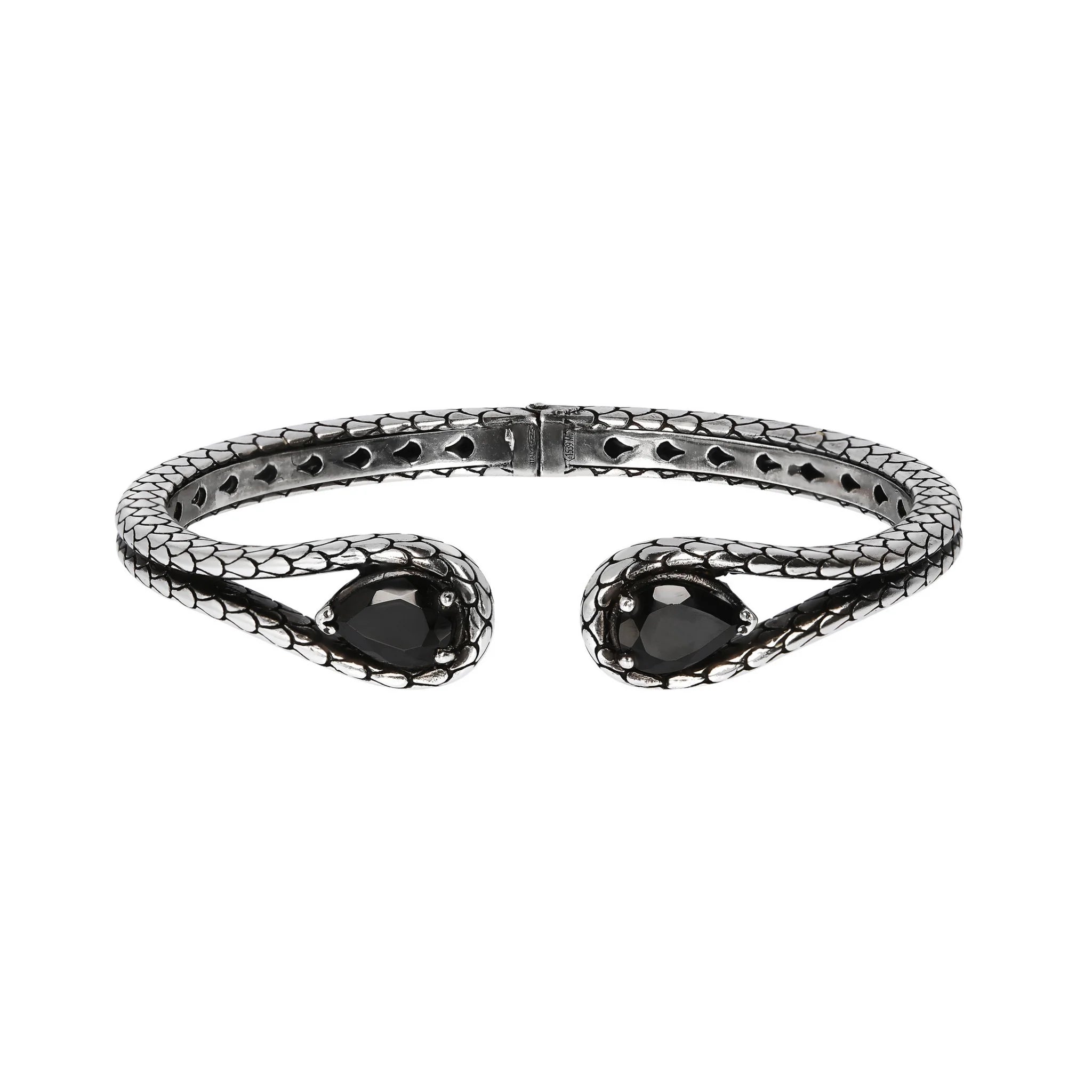 Bracciale Rigido in Argento 925 placcato Rodio Texture Sirena con Pietre Naturali a Goccia in Argento 925