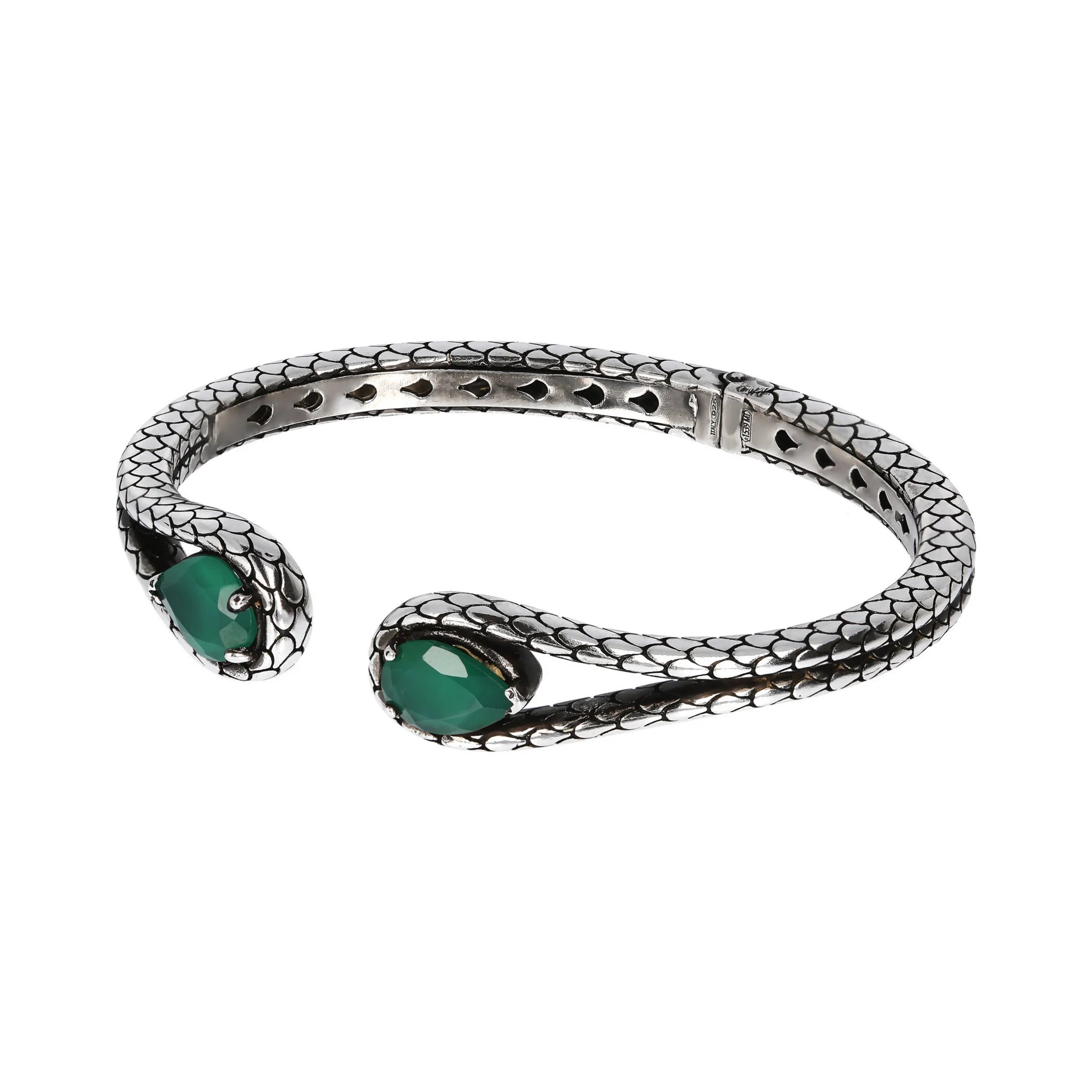 Bracciale Rigido in Argento 925 placcato Rodio Texture Sirena con Pietre Naturali a Goccia in Argento 925