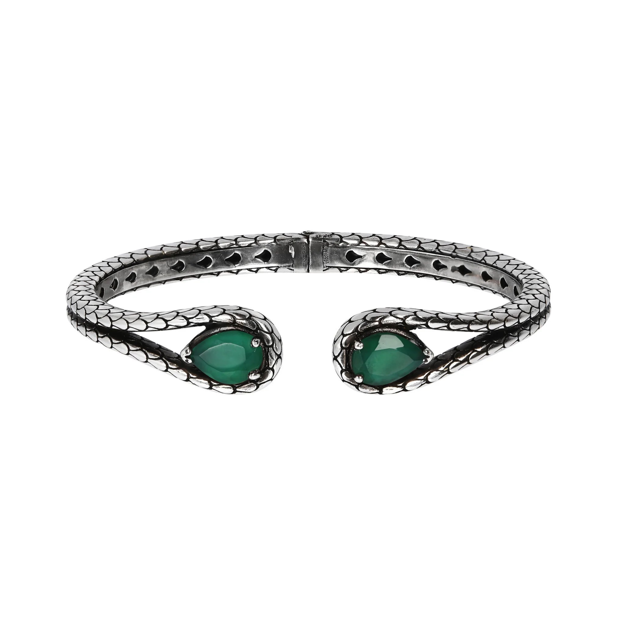 Bracciale Rigido in Argento 925 placcato Rodio Texture Sirena con Pietre Naturali a Goccia in Argento 925