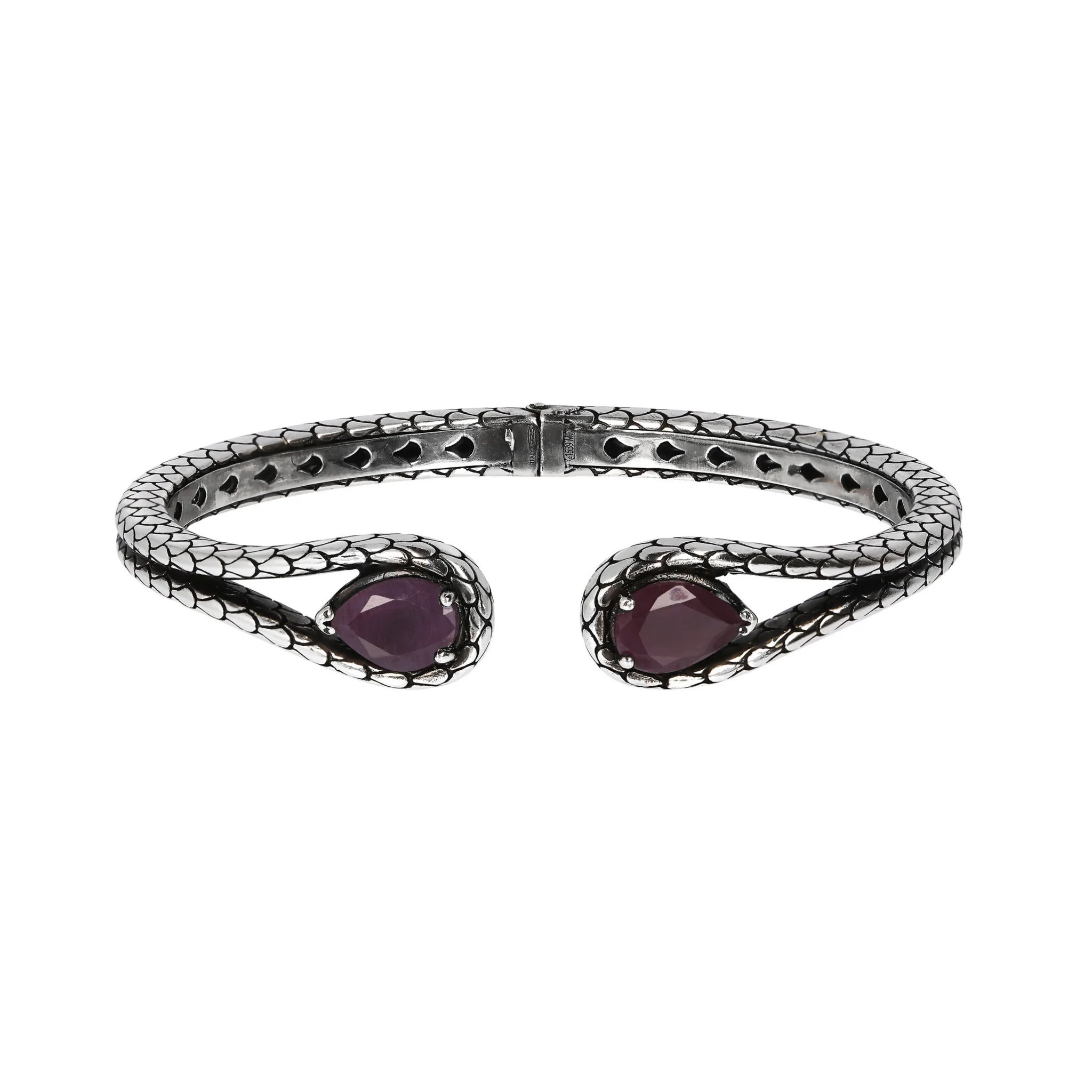 Bracciale Rigido in Argento 925 placcato Rodio Texture Sirena con Pietre Naturali a Goccia in Argento 925