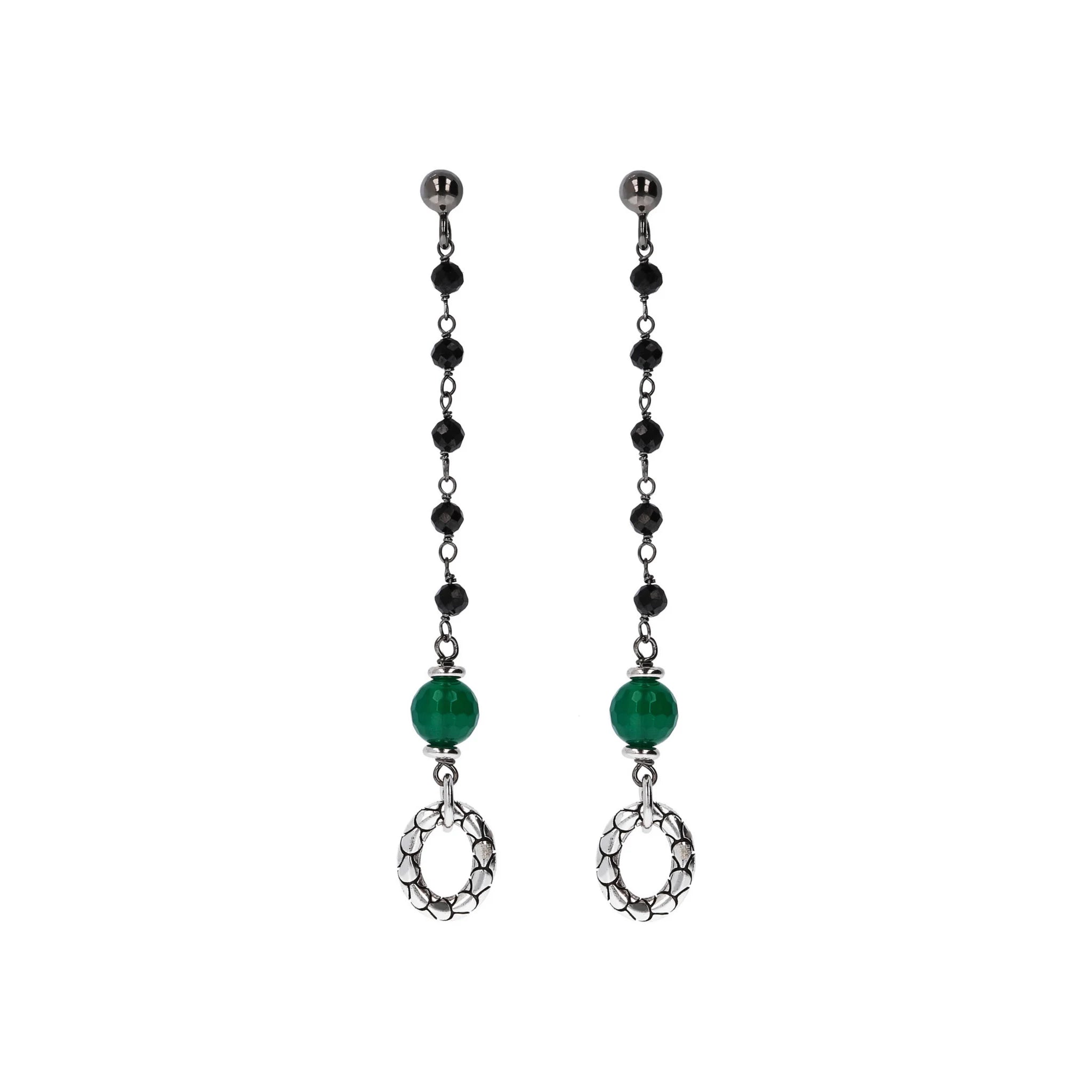 Orecchini Pendenti a Filo Texture Sirena con Spinello Nero e Agata Verde in Argento 925