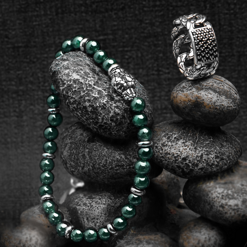 Elastic Bracelet with Natural Stones and Snake Head Element