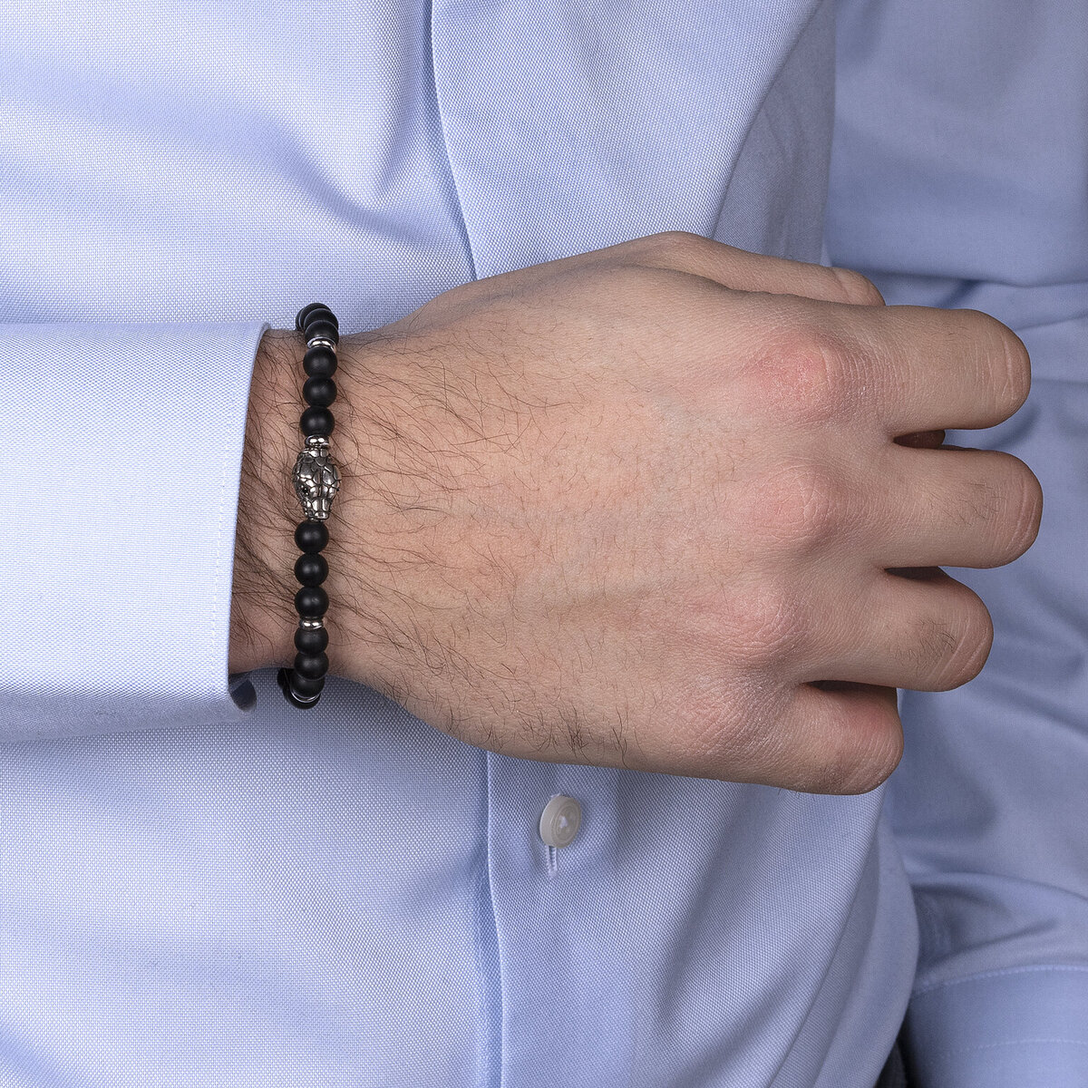 Bracciale Elastico con Pietre Naturali ed Elemento Testa Serpente in Argento 925