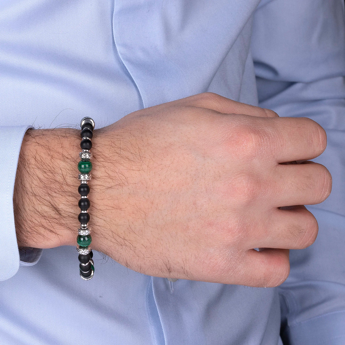 Bracciale con Rondelle Texture Sirena e Pietre Naturali Onice e Malachite in Argento 925