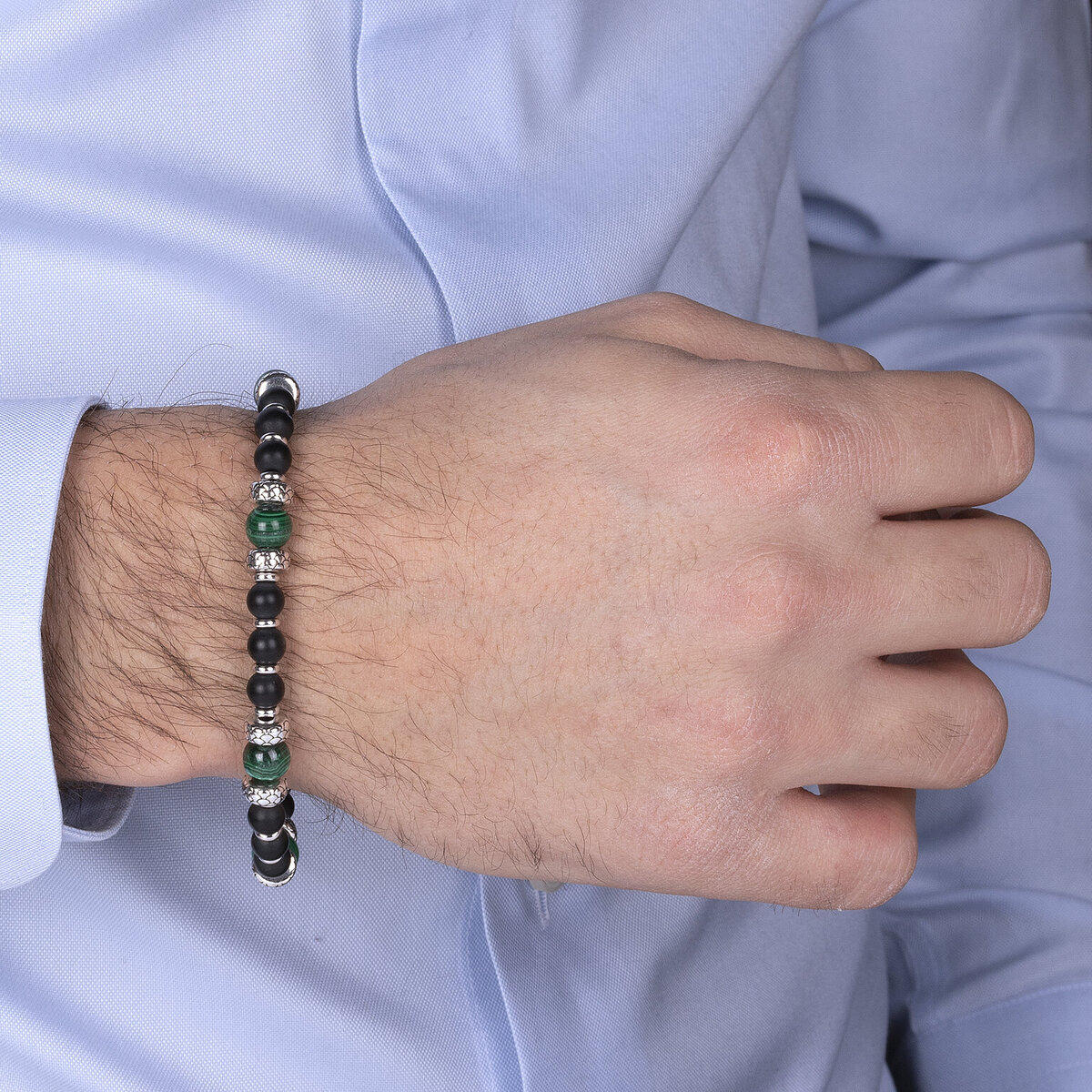 Bracelet Rondelle Texture Sirène et Pierres Naturelles Onyx et Malachite