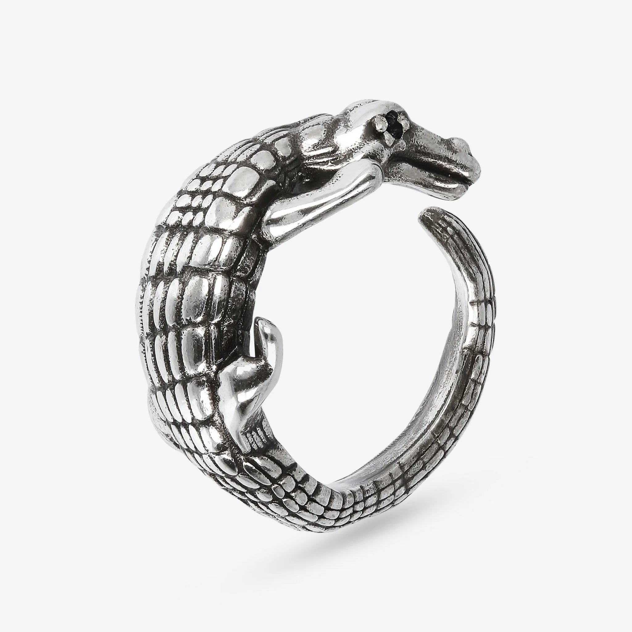 Anello Coccodrillo Texture con Pietra Naturale Spinello Nero in Argento 925