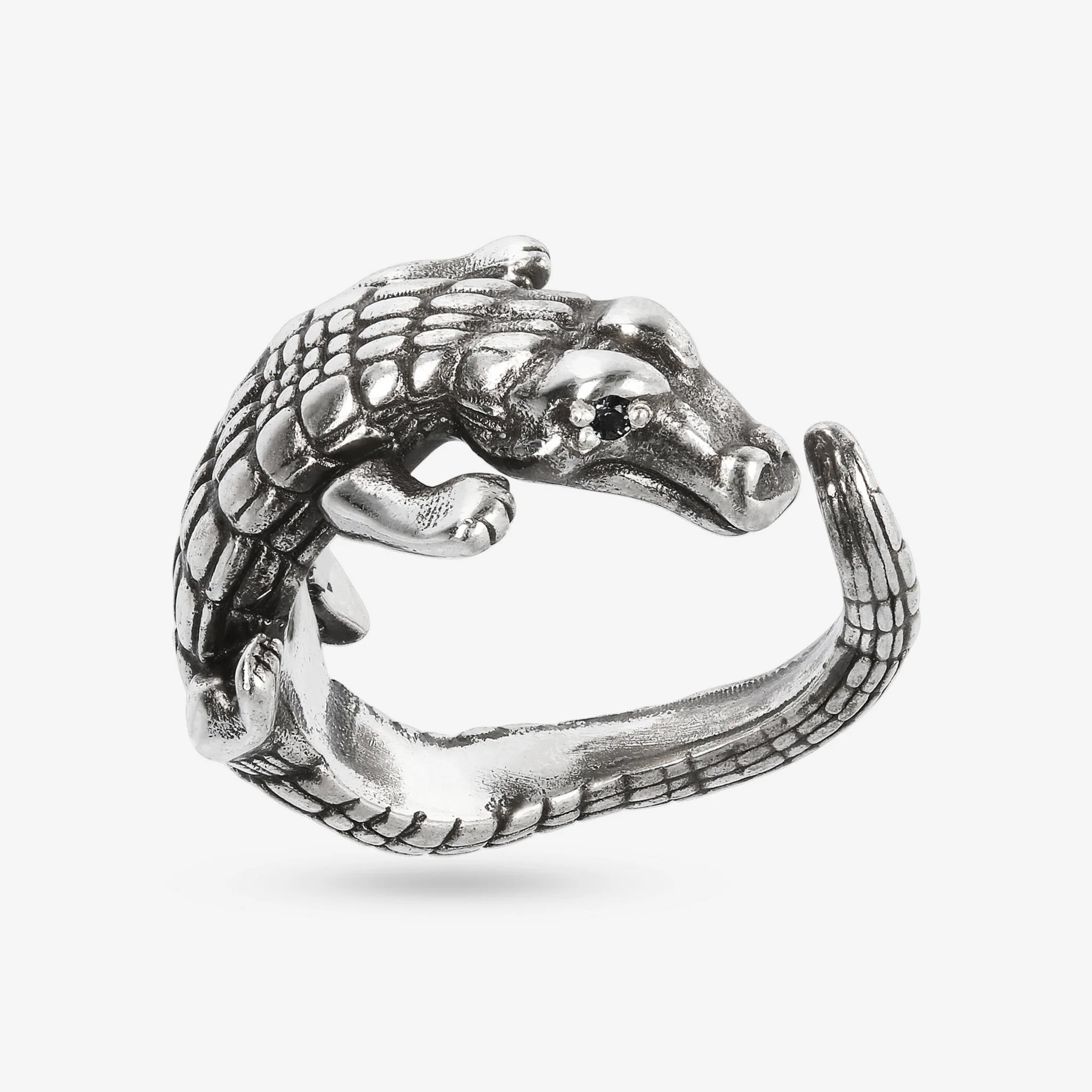 Anello Coccodrillo Texture con Pietra Naturale Spinello Nero in Argento 925