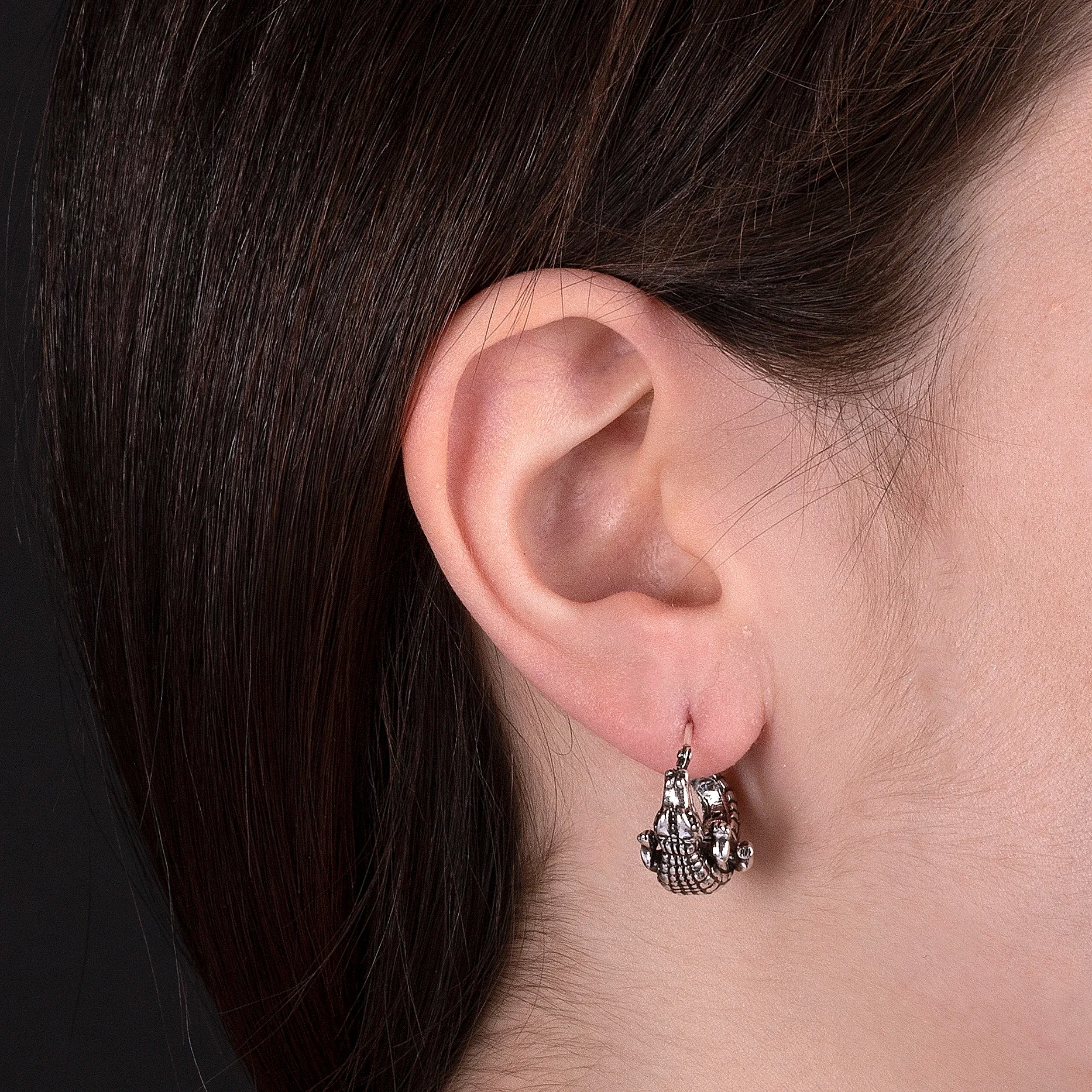 Orecchini a Cerchio Coccodrillo con Pietra Naturale Spinello Nero in Argento 925