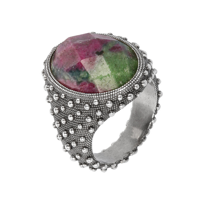 Sea Urchin Texture Chevalier Ring with Faceted Oval Natural Stone