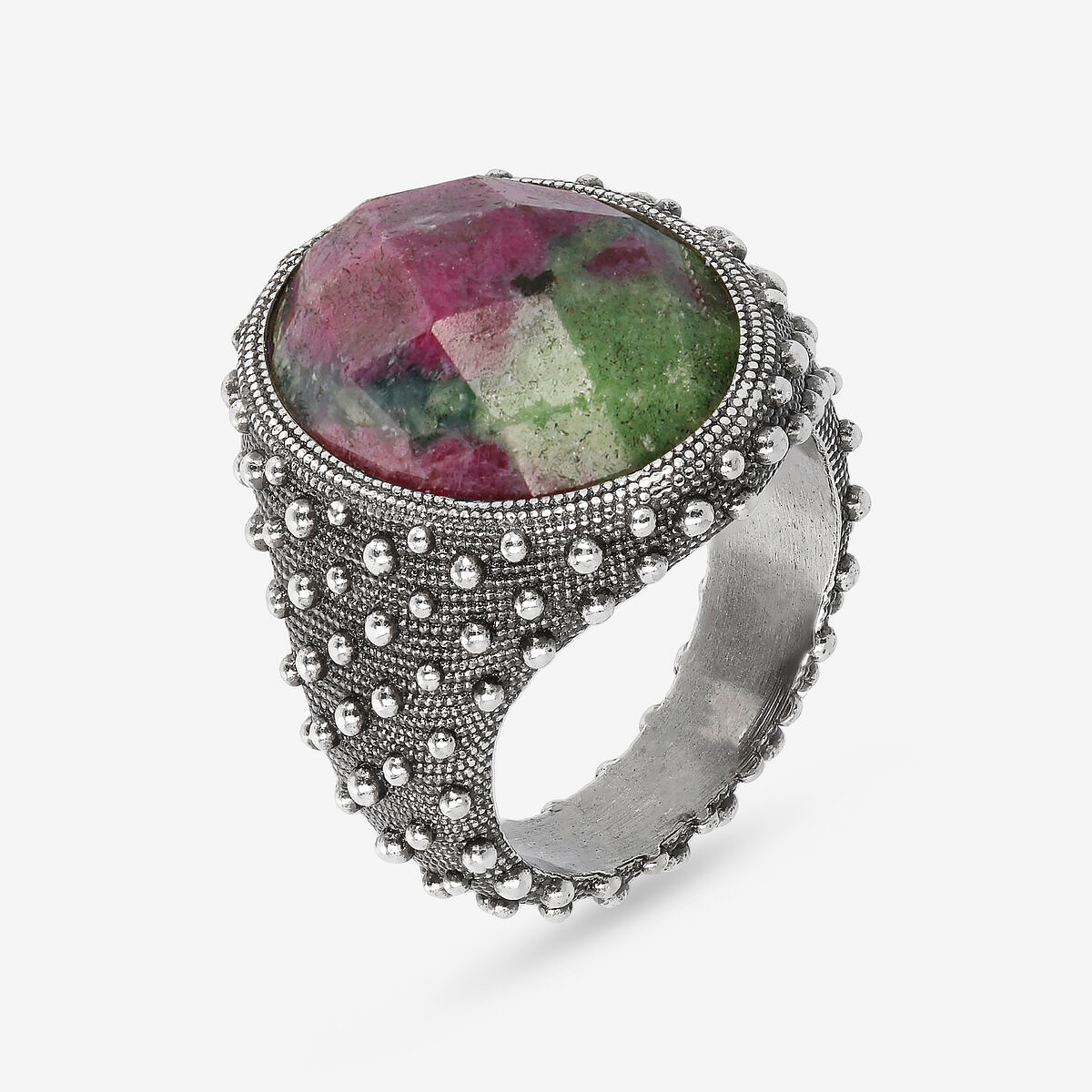 Anello Chevalier Texture Riccio di Mare con Pietra Naturale Ovale Sfaccettata in Argento 925