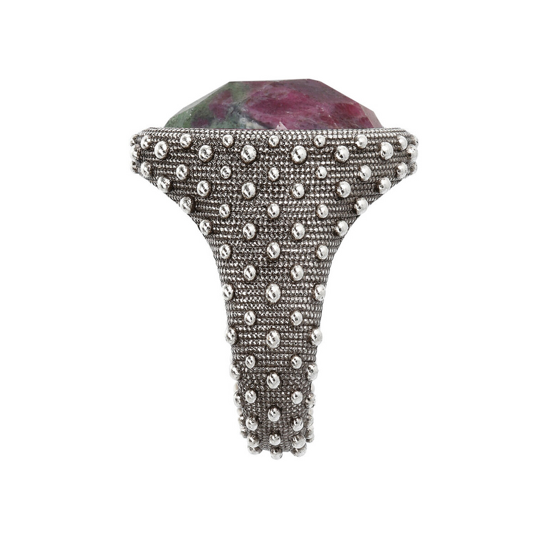 Sea Urchin Texture Chevalier Ring with Faceted Oval Natural Stone