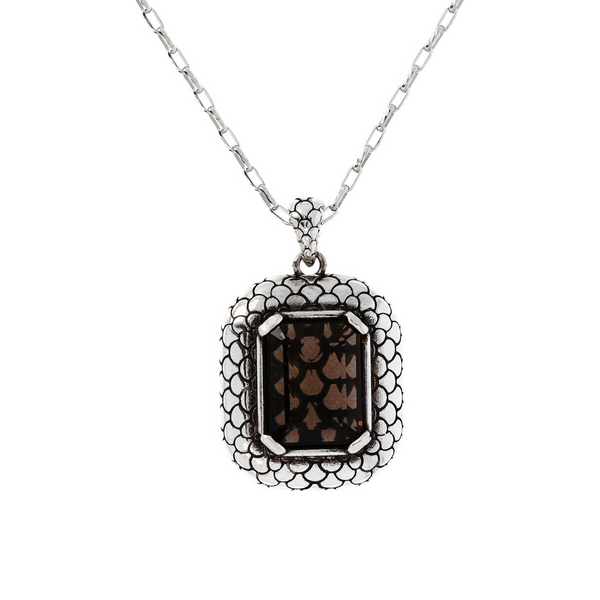 Necklace with Forzatina Chain and Rectangular Pendant with Mermaid Texture and Brown Quartz