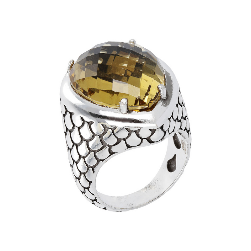 Mermaid Texture Chevalier Ring with Yellow Quartz