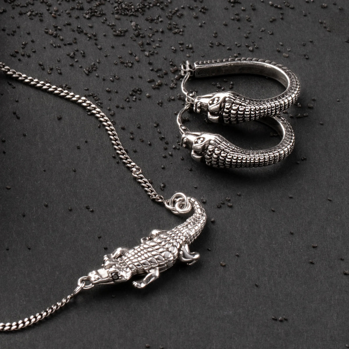 Crocodile Hoop Earrings with Black Spinel