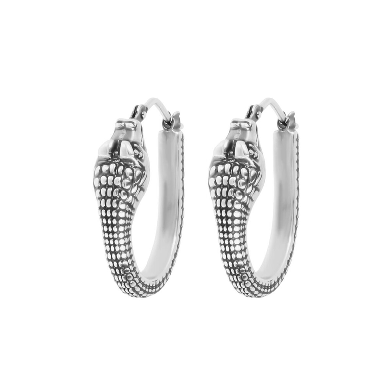 Crocodile Texture Hoop Earrings with Snake and Black Spinel