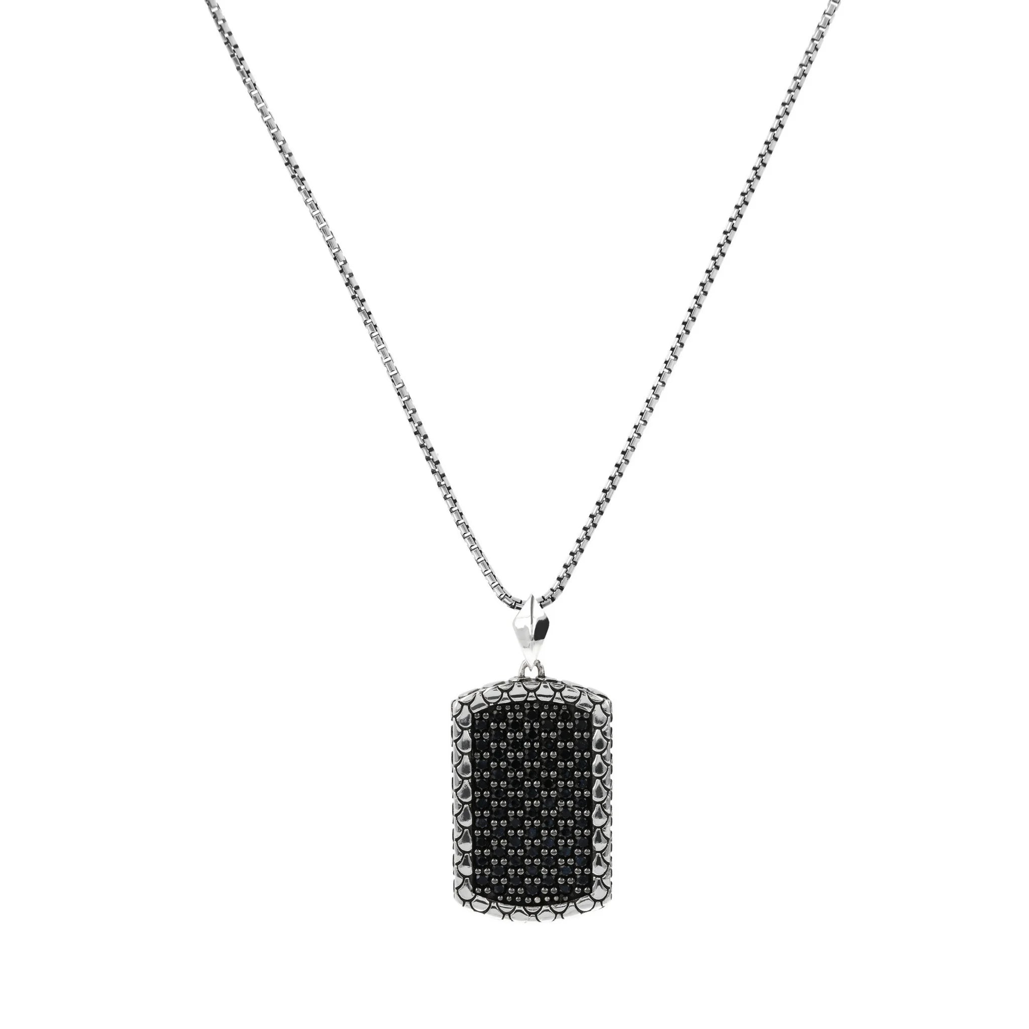 Collana Catena Veneziana con Pendente Texture Sirena e Pavé in Spinello Nero in Argento 925