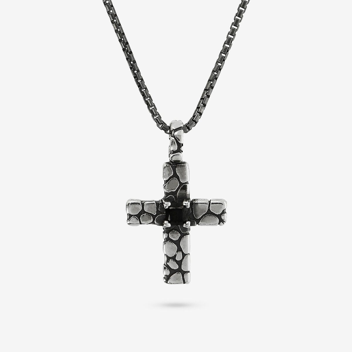 Collana Catena Veneziana con Pendente Croce e Spinello Nero in Argento 925