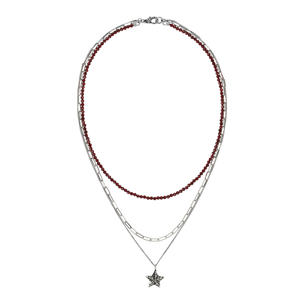 Mehrsträngige Halskette mit rotem Granat und Stern mit Schlangenstruktur