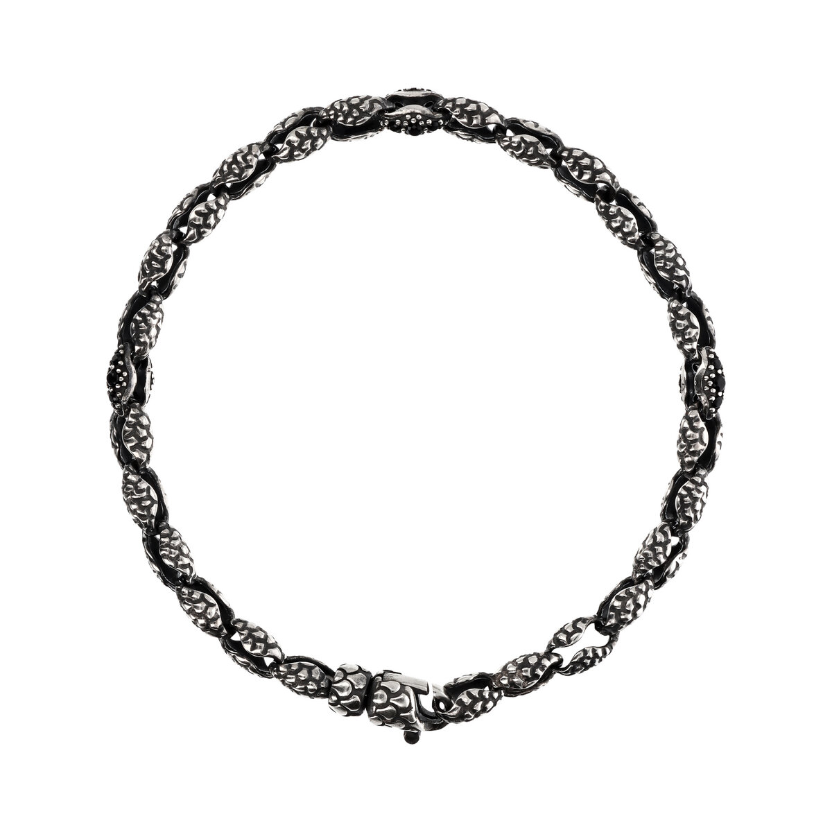 Bracciale con Maglie Texture e Pietra Naturale Spinello Nero in Argento 925