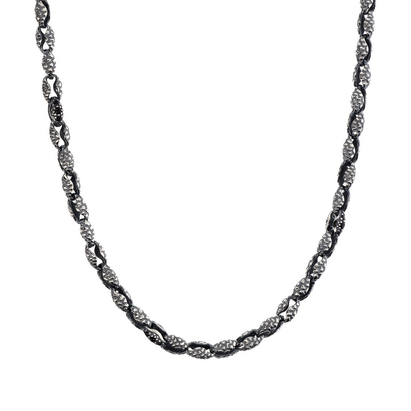 Halskette mit strukturierten Gliedern und natürlichem schwarzen Spinellstein 