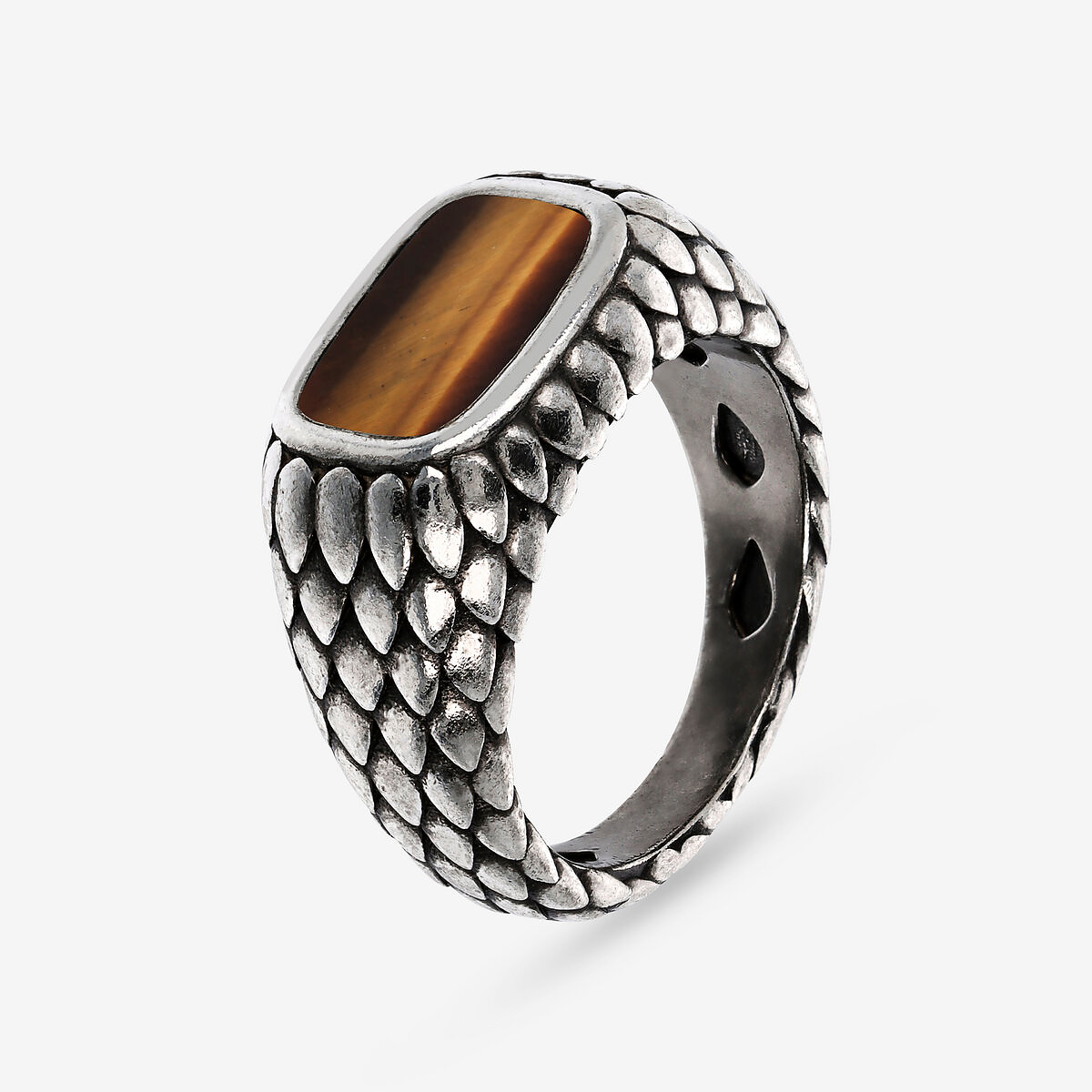 Chevalier Ring with Rectangular Natural Stone and Dragon Texture 