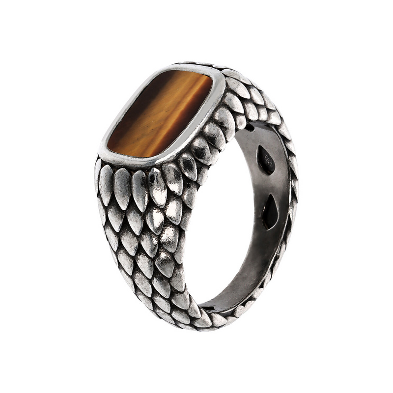 Chevalier Ring with Rectangular Natural Stone and Dragon Texture 