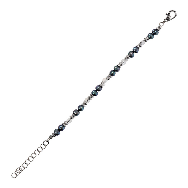 Bracelet with Faceted Beads, Discs and Circled Grey Freshwater Pearls Ø 6/7 mm